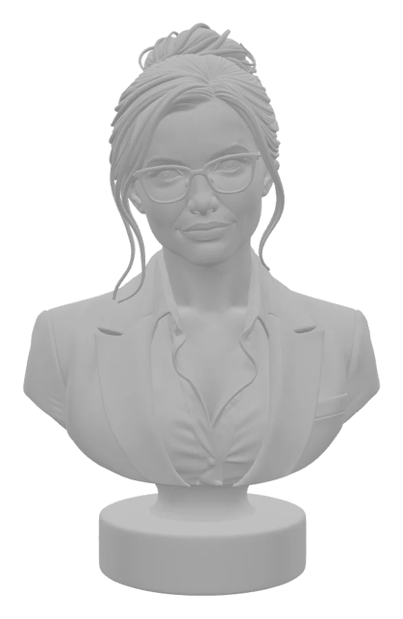 Przykładowy model 3D popiersia kobiety w okularach i marynarce